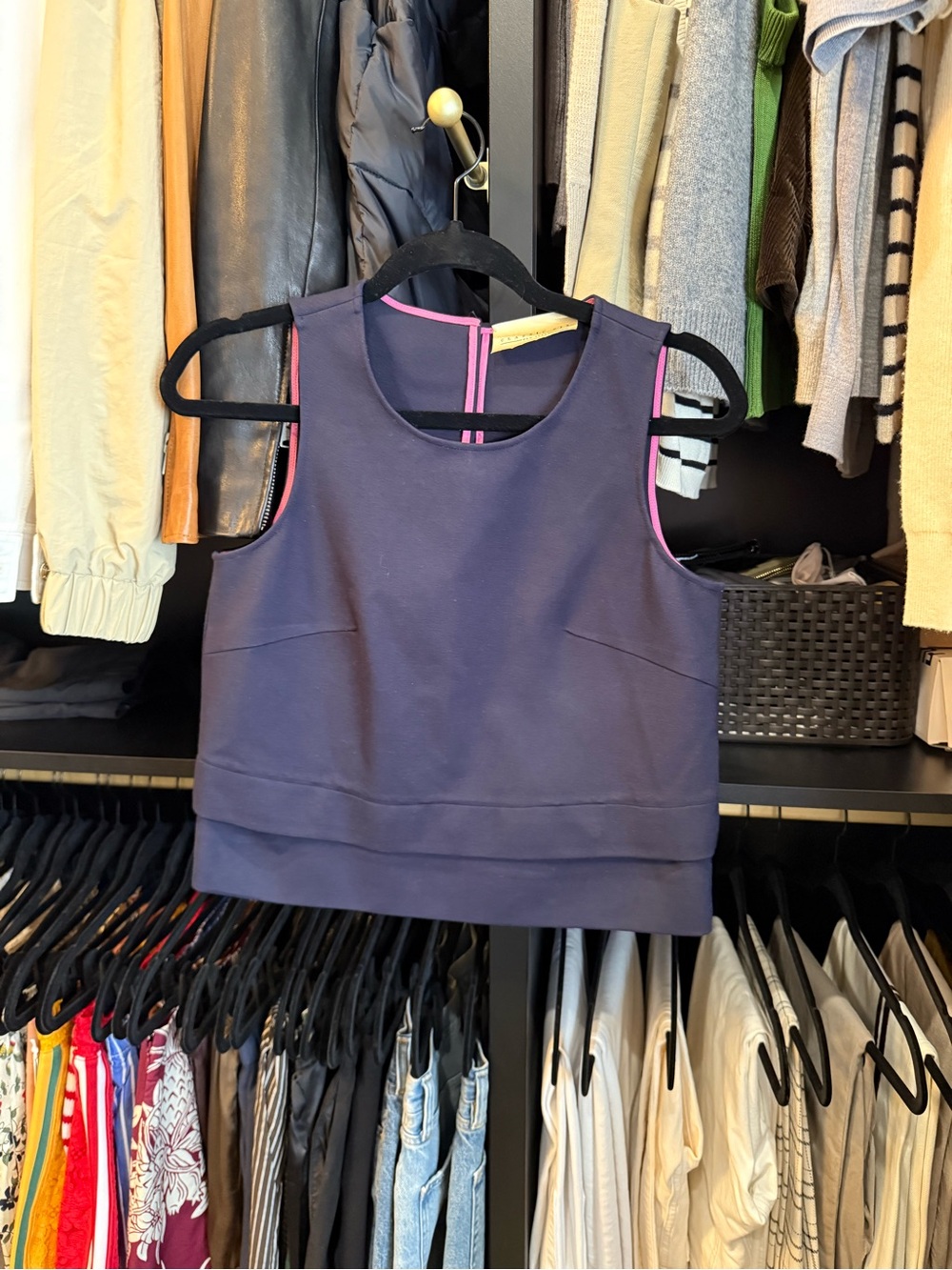Sleeveless Navy Crop Top with Pink Trim